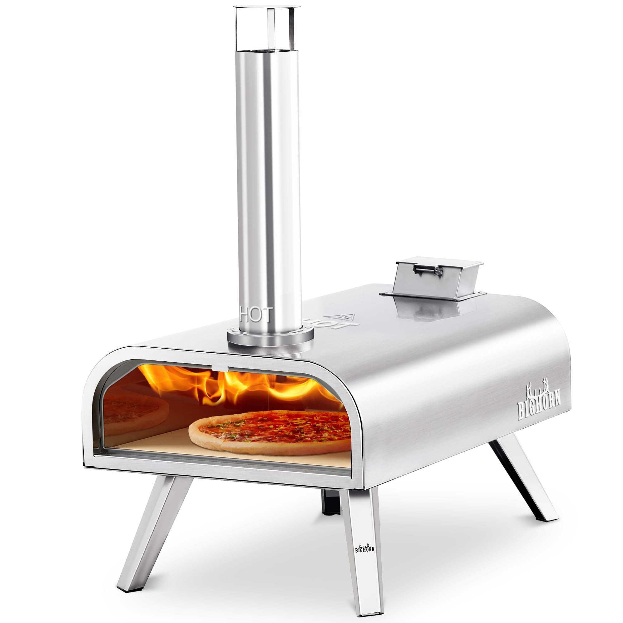 BIG HORN OUTDOORS 16" Multi-Fuel Outdoor Pizza Oven – 2-in-1 Wood-Fired & Gas Compatible (Burners Sold Separately), 1112°F Outdoor Stainless Pizza Cooker, Portable for Party Usage, Sliver