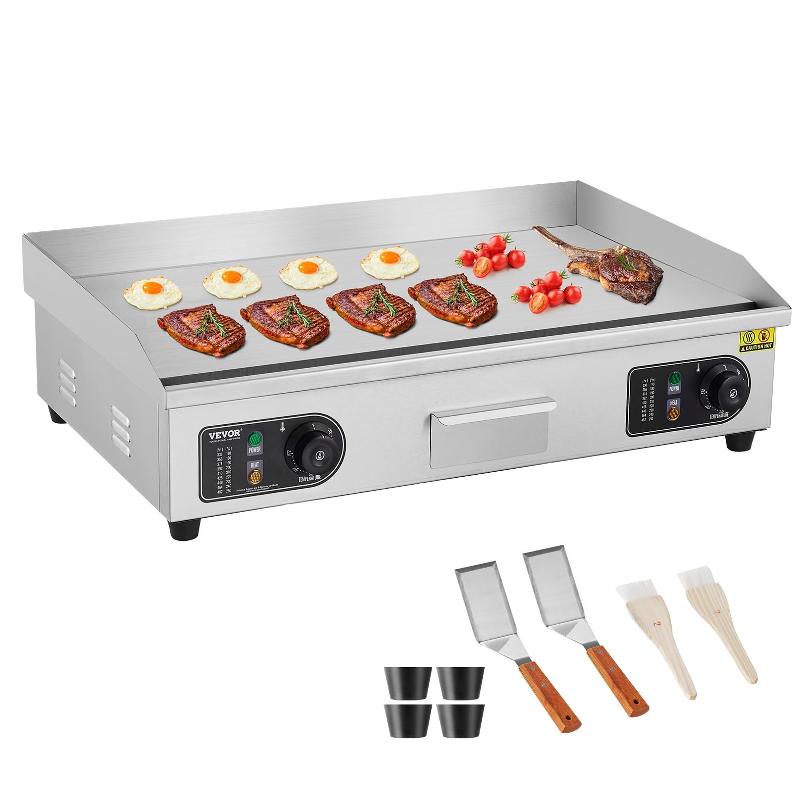 VEVOR Commercial Electric Griddle, 2800W Countertop Flat Top Grill, 122℉-572 ℉ Adjustable Temp, 29in Stainless Steel Griddle Grill with 2 Shovels and 2 Brushes for Home or Restaurant(110V No Plug)